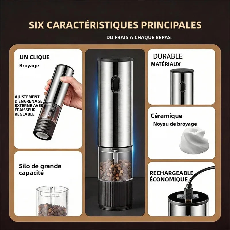 Set de 2 Moulins à Sel et Poivre Électriques Rechargeables USB-C avec Socle, Inox