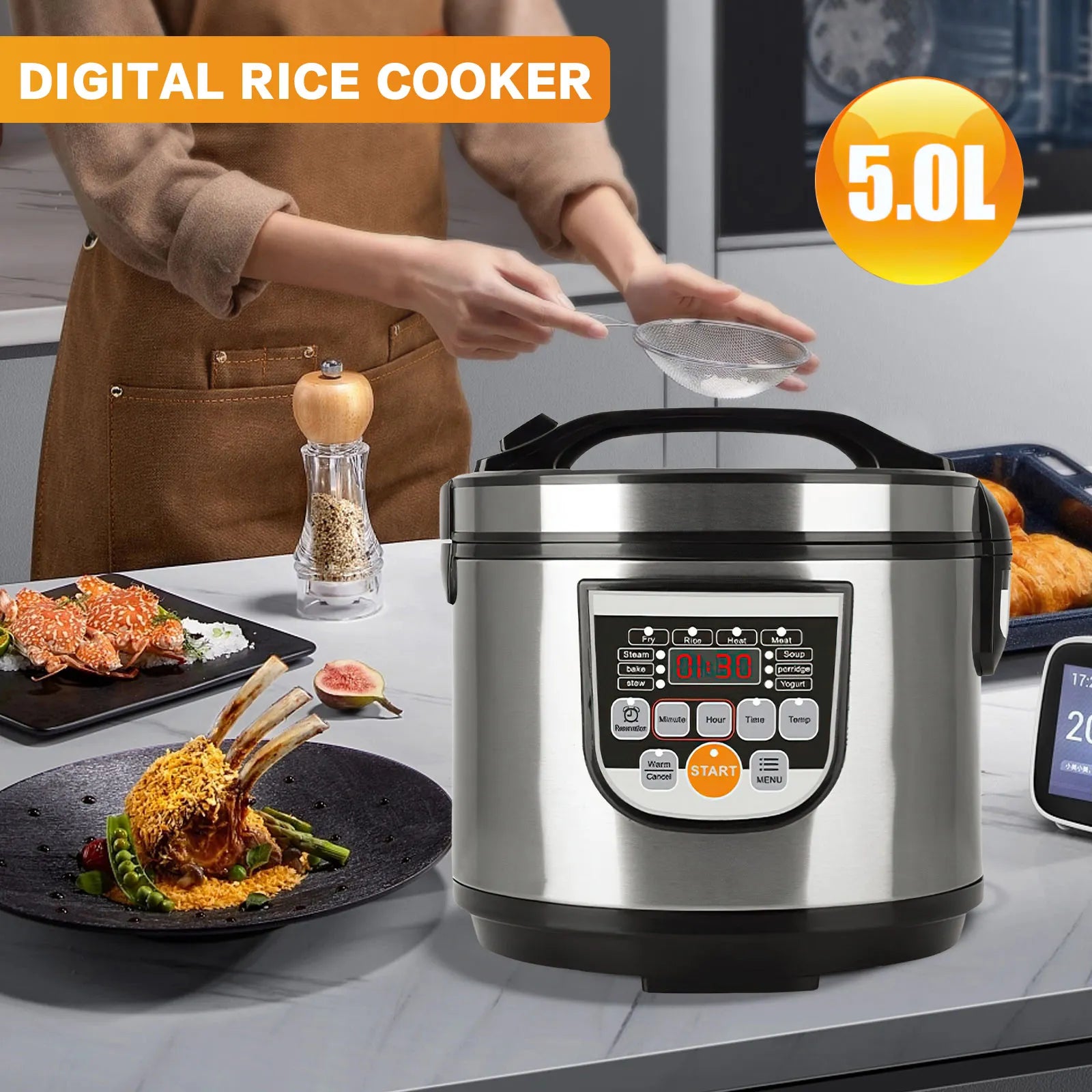 Cuiseur à riz inox 5 L posé sur un plan de travail de cuisine