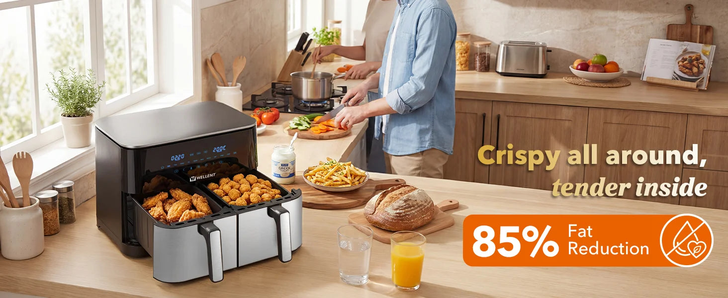 Repas préparé avec l'air fryer double panier sur un plan de travail
