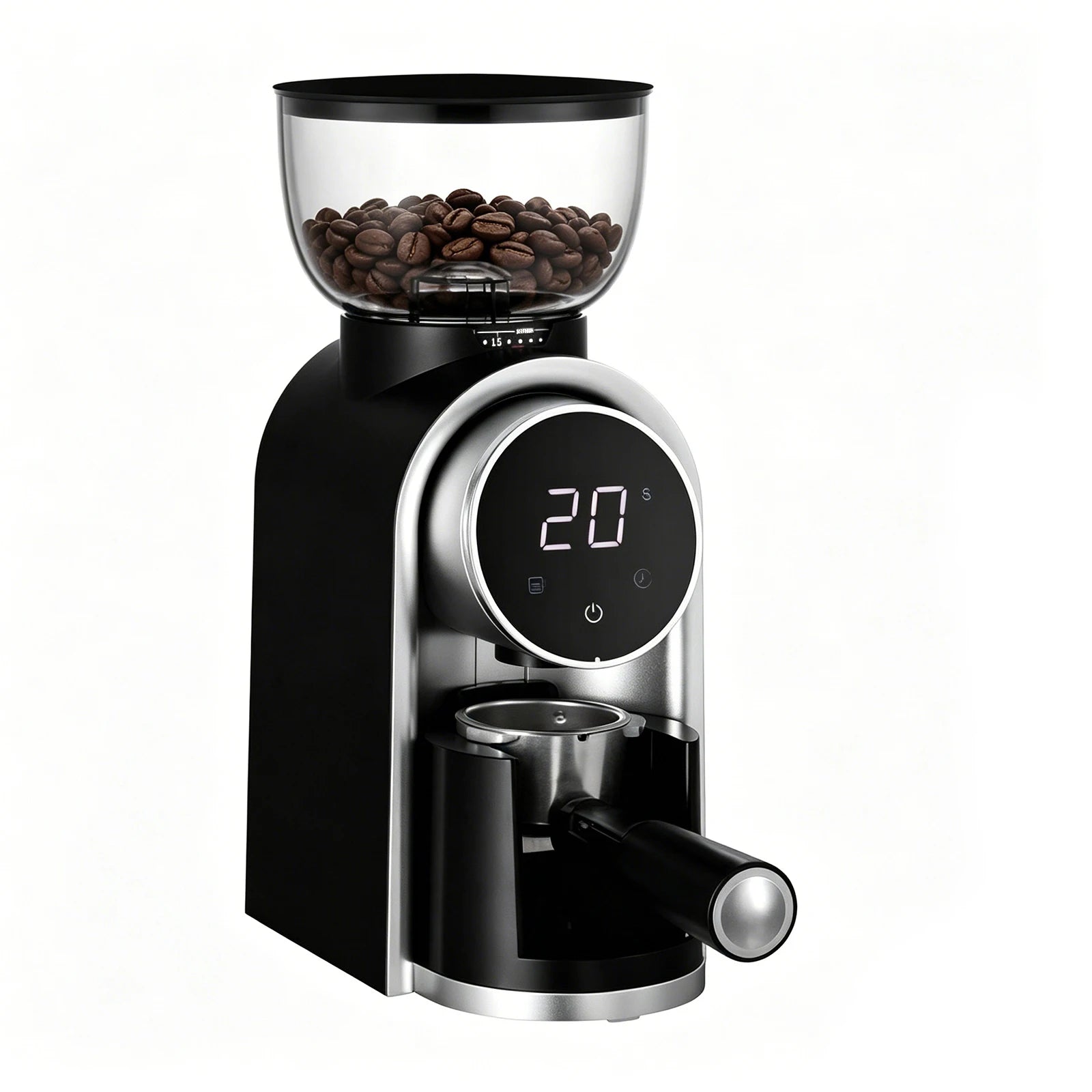 Moulin à café électrique à meules avec porte-filtre sur son support