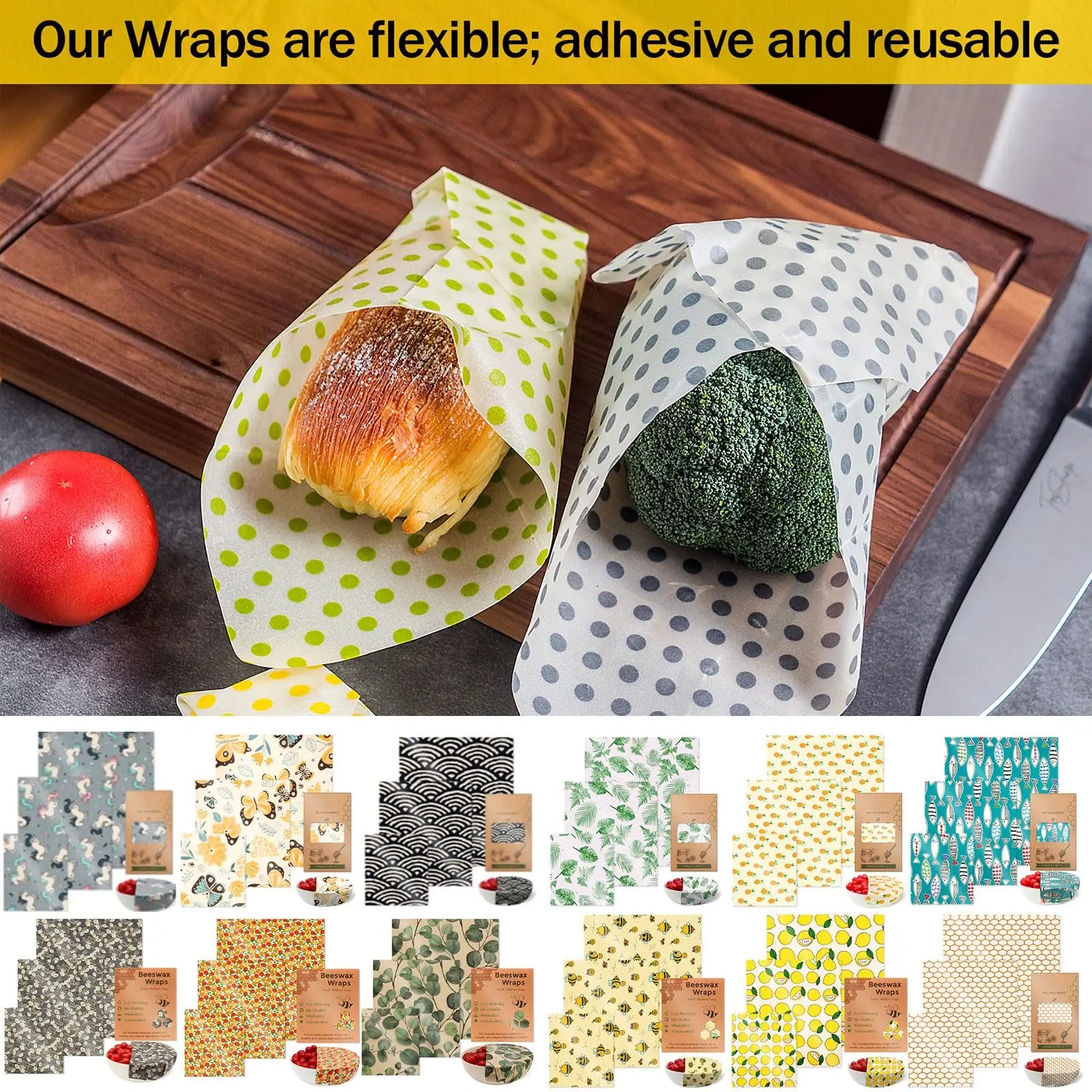 Film Alimentaire Réutilisable Cire d'Abeille – Lot de 3 Feuilles, 15 Motifs