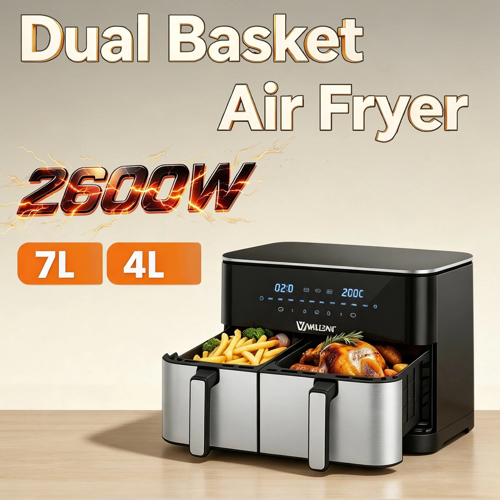 Air fryer double panier 11 L 2600 W avec frites et poulet dans les paniers de 7 L et 4 L