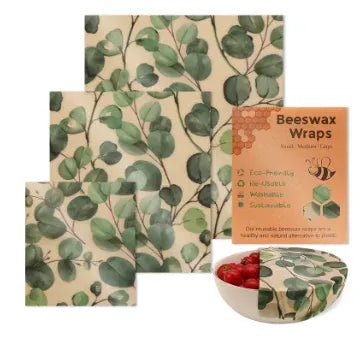 Film Alimentaire Réutilisable Cire d'Abeille – Lot de 3 Feuilles, 15 Motifs