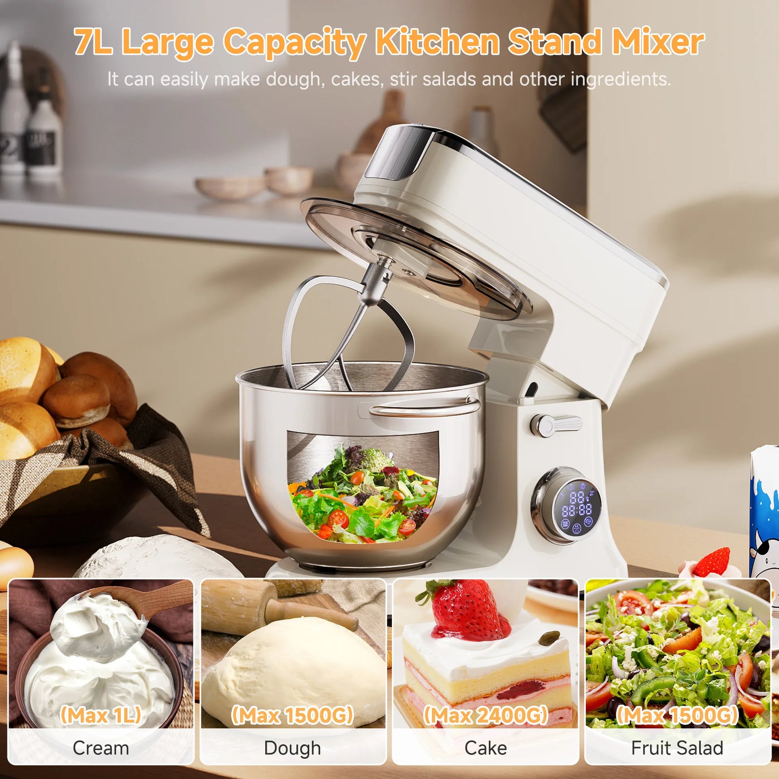 Bol de 7 L : crème 1 L, pâte 1 500 g, gâteau 2 400 g, salade 1 500 g