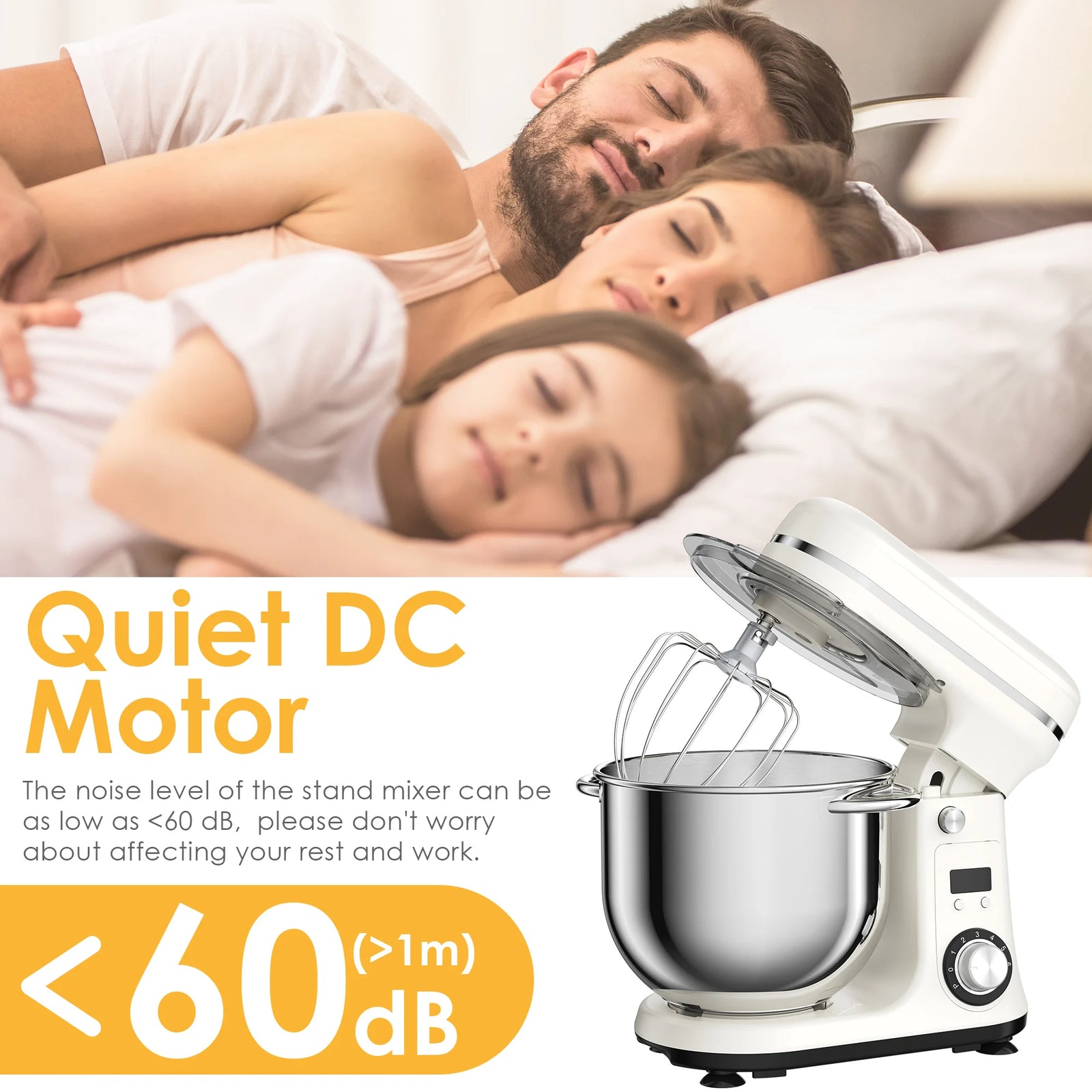 Robot pâtissier blanc à moteur silencieux, moins de 60 dB