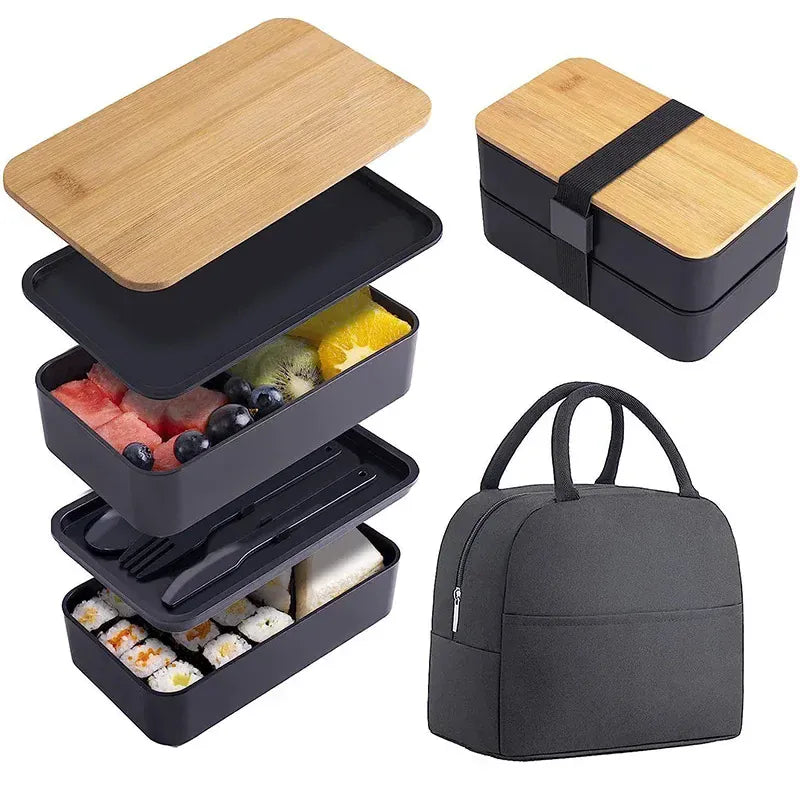 Bento 2 Étages en Plastique Écologique | Boîte à Lunch avec Couverts Bento