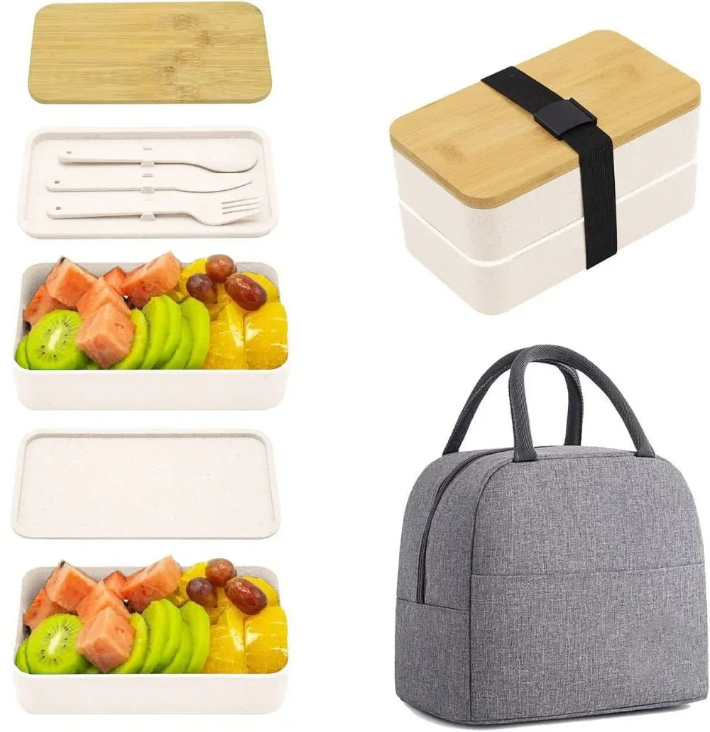 Bento 2 Étages en Plastique Écologique | Boîte à Lunch avec Couverts Bento