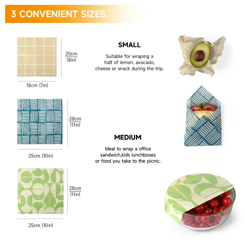 Film Alimentaire Cire d'Abeille Lot de 3 Wraps Réutilisables Écologiques far