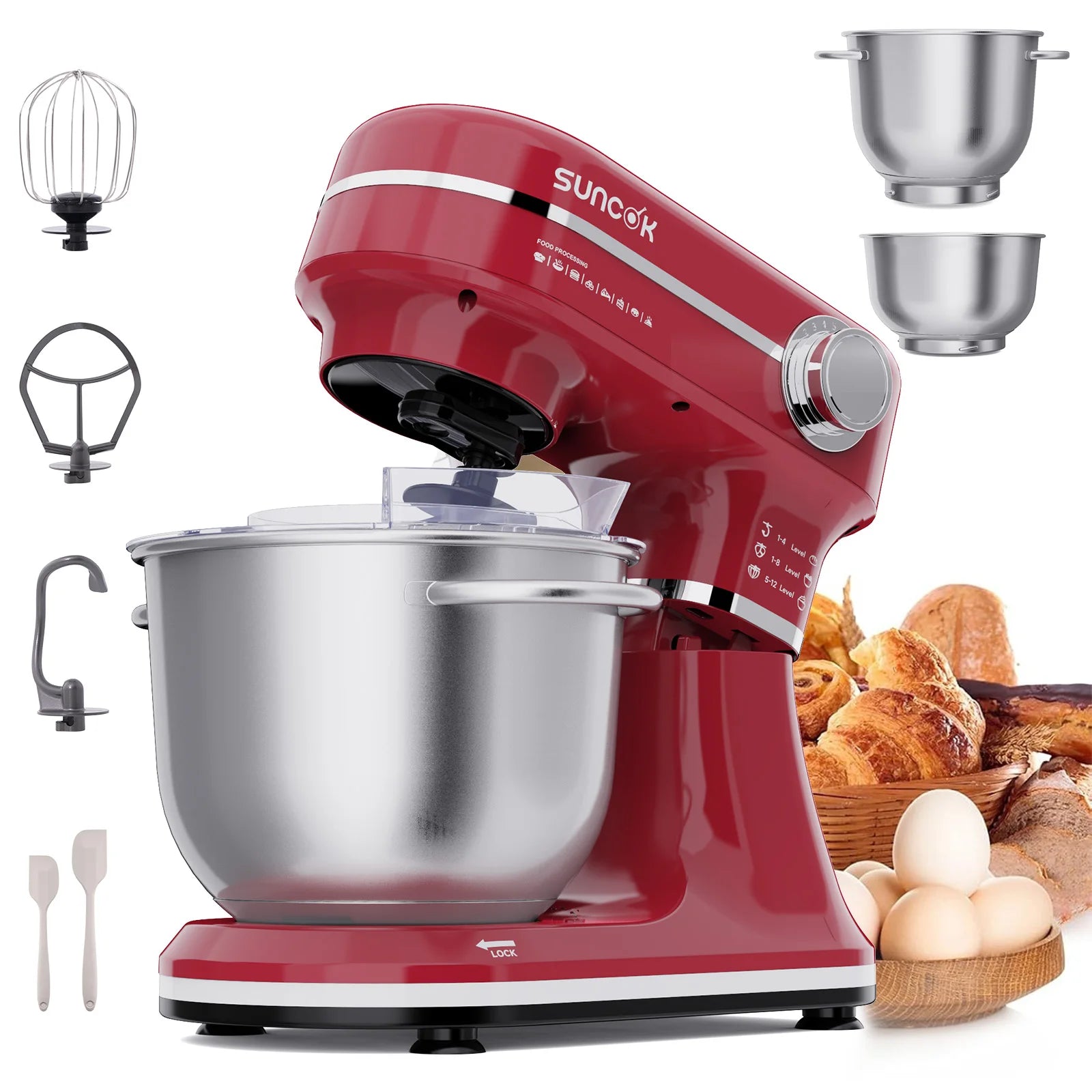 Robot pâtissier rouge avec 2 bols inox