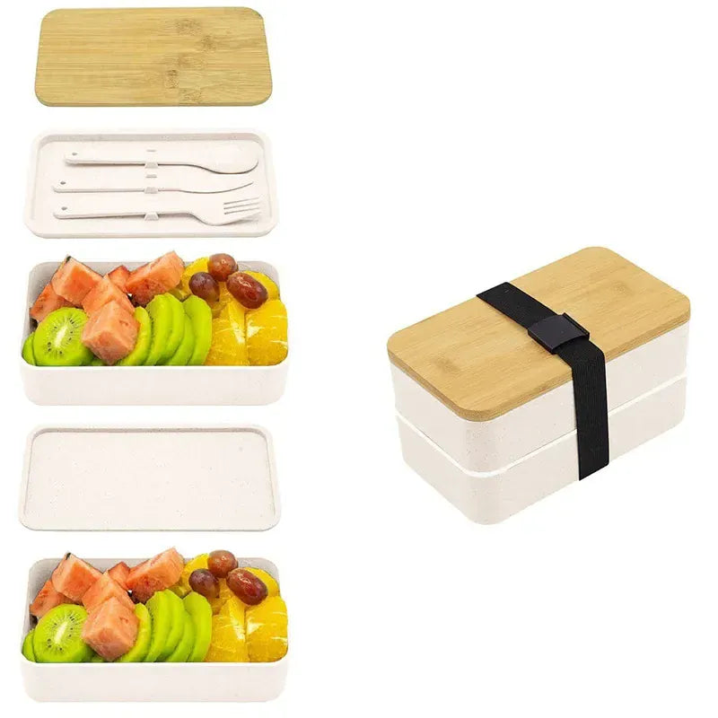 Bento 2 Étages en Plastique Écologique | Boîte à Lunch avec Couverts Bento
