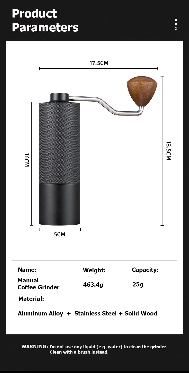 Dimensions du moulin à café manuel : 16 cm, 18,5 cm, 5 cm