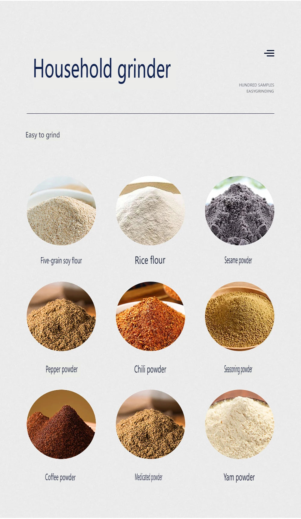 Exemples de poudres : farines, sésame, poivre, piment, café
