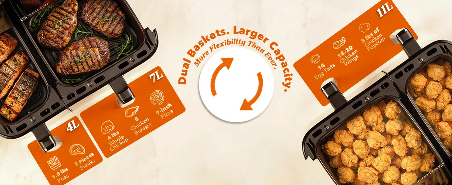Paniers de 4 L et 7 L de l'air fryer double panier remplis