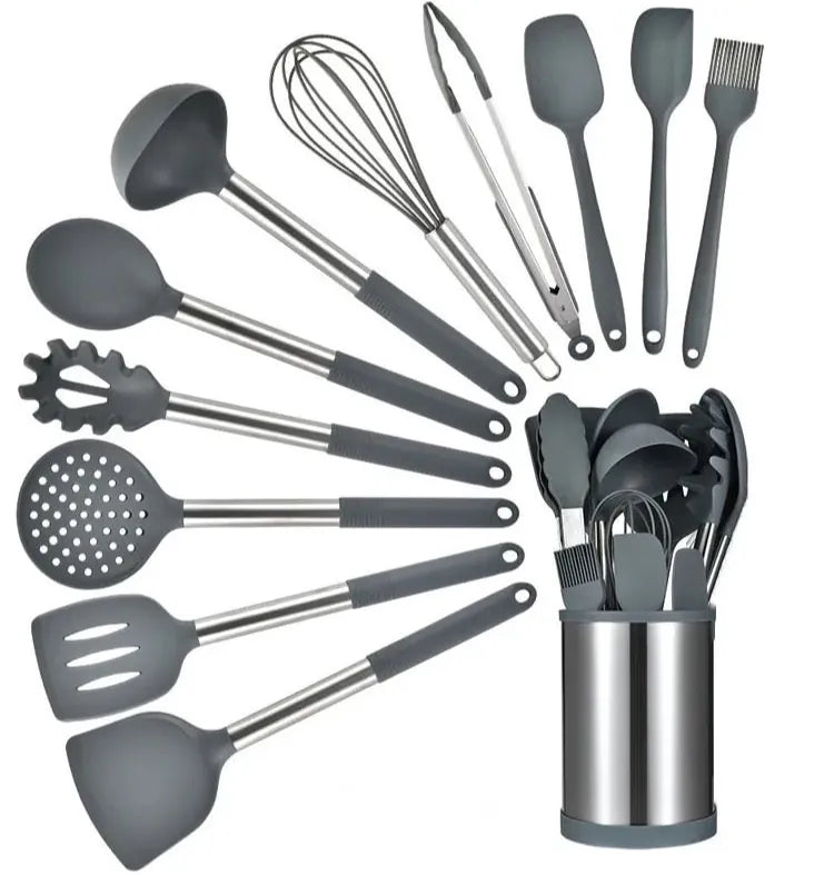 Set d'Ustensiles de Cuisine en Silicone avec Support Rotatif 360° - 12 pièces