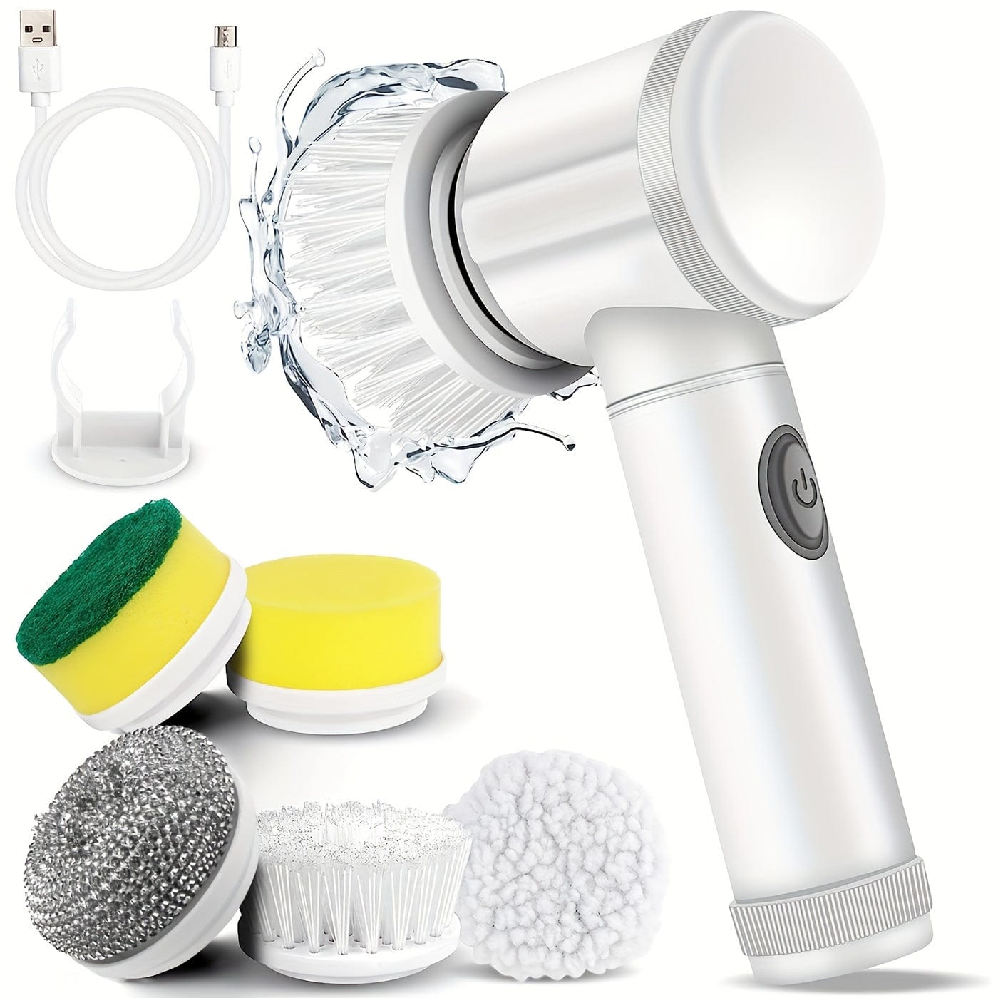 Brosse rotative électrique sans fil blanche avec ses 5 têtes interchangeables