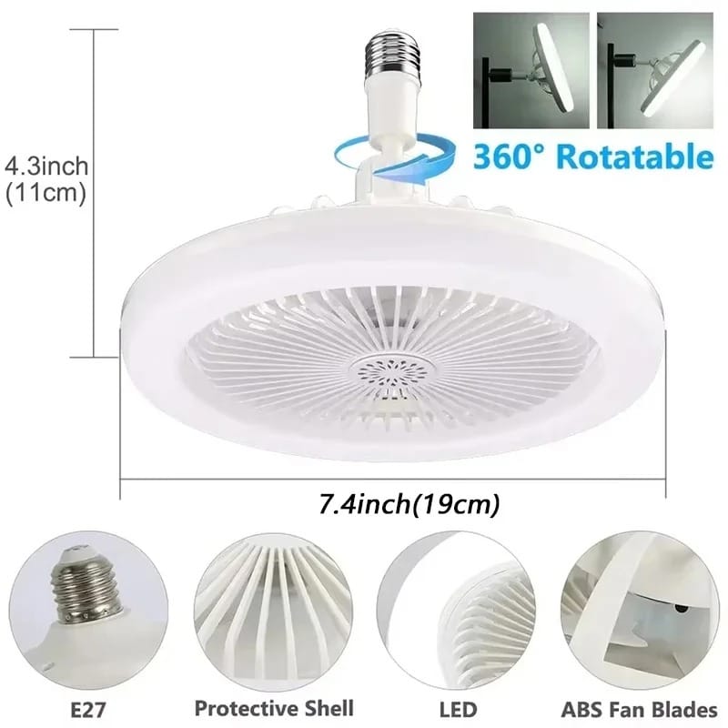 Dimensions du ventilateur de plafond E27 : 19 cm de diamètre, 11 cm de haut