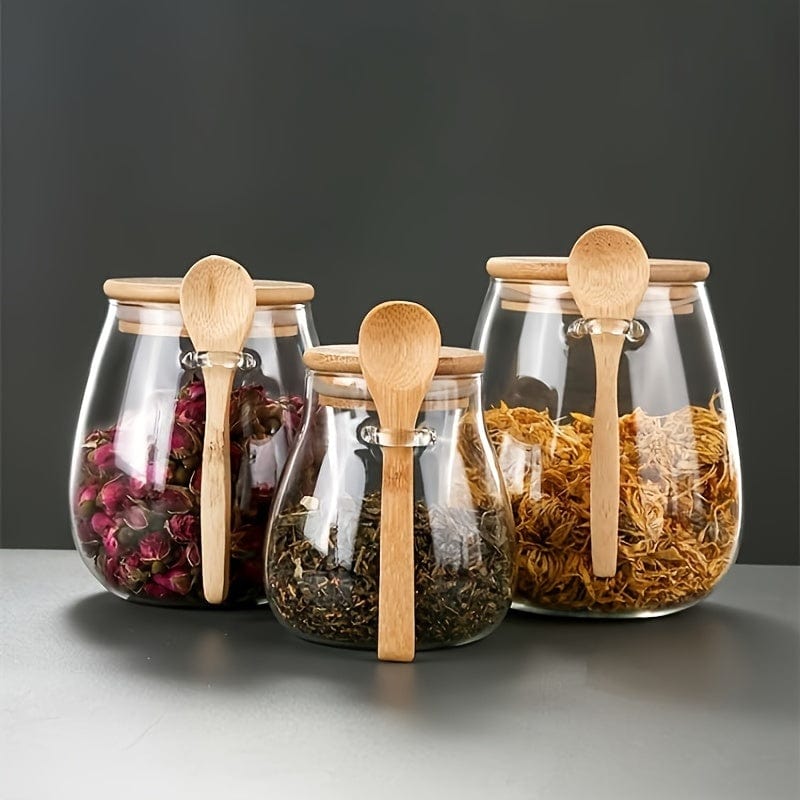 Lot de 3 pots en verre hermétiques 350, 600 et 1000 ml avec couvercle bambou et cuillère