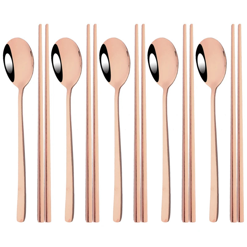 Set couverts coréens inox 304 or rose – 5 cuillères et 5 paires de baguettes