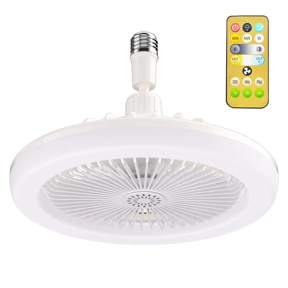 Ventilateur de plafond E27 avec lampe LED et sa télécommande, sur fond blanc