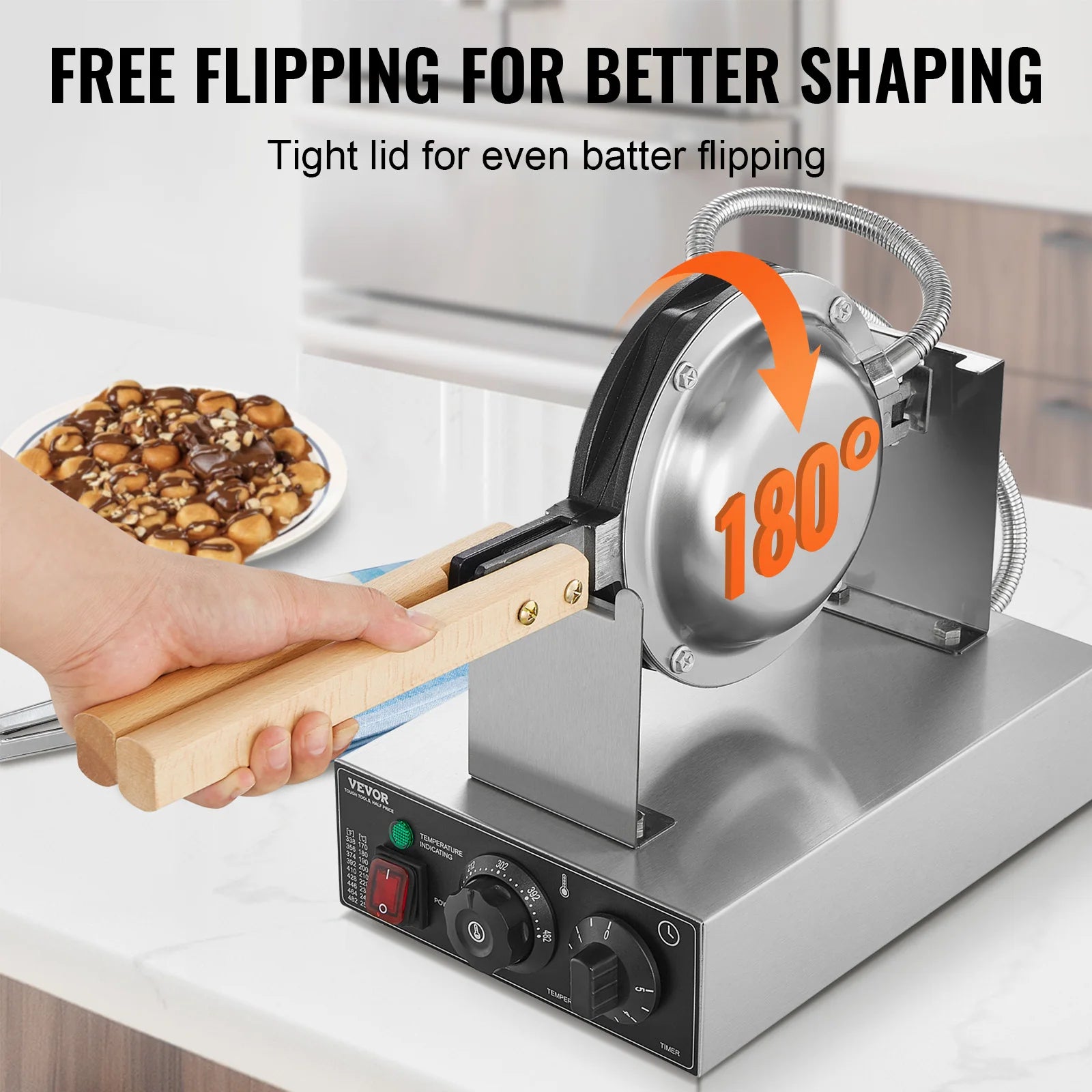 Gaufrier Bubble Waffle Électrique 1400 W en Inox – Plaque Rotative 180° et Minuterie