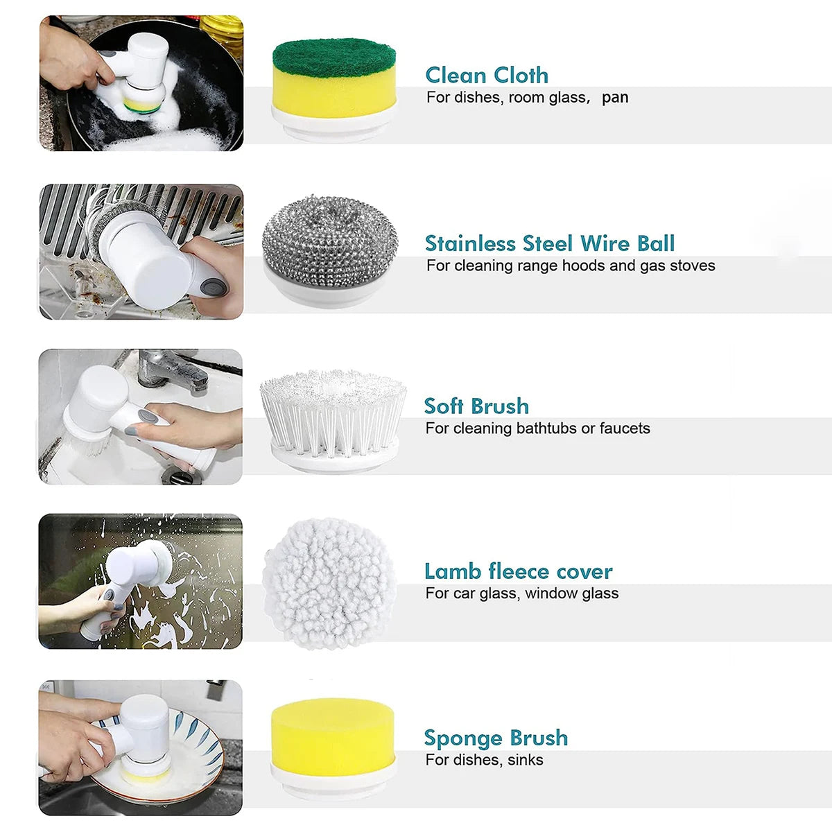 Kit de 5 Têtes de Rechange pour Brosse Rotative Électrique — Éponges, Brosse et Inox