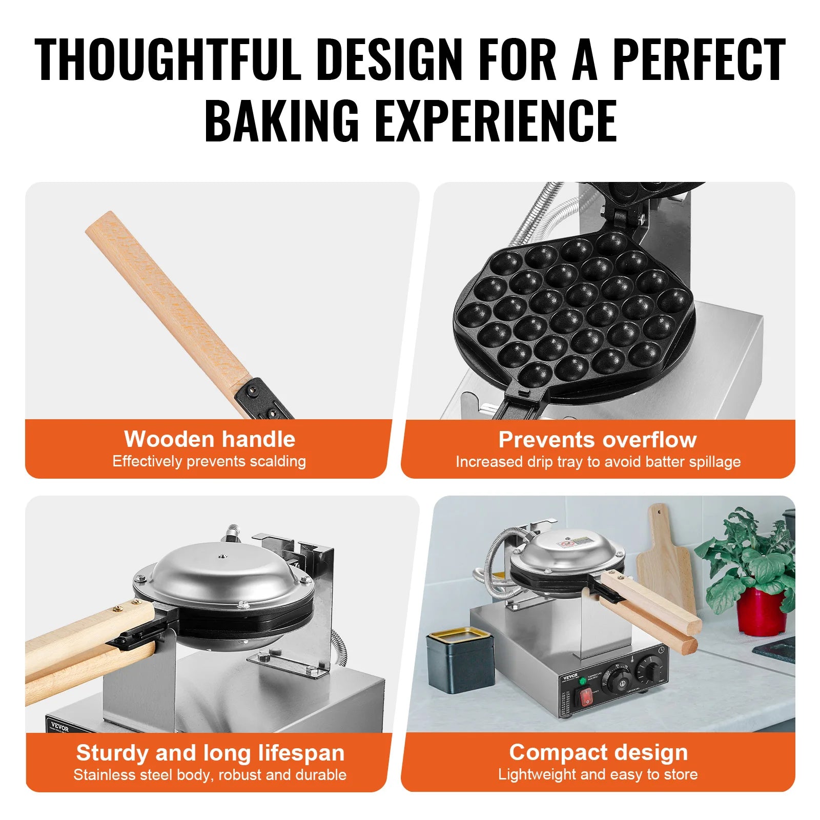 Gaufrier Bubble Waffle Électrique 1400 W en Inox – Plaque Rotative 180° et Minuterie