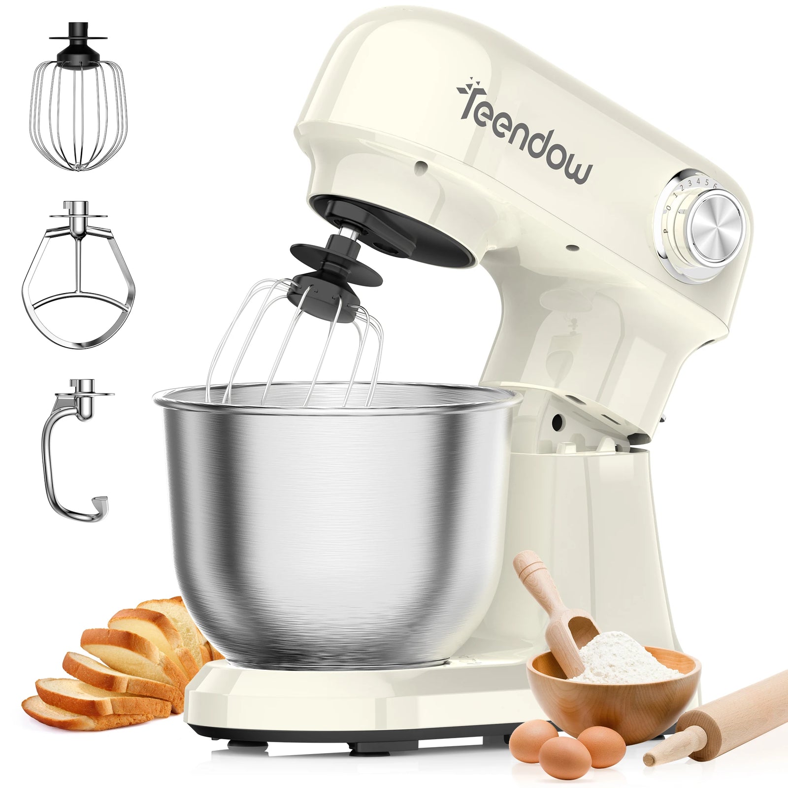 Robot pâtissier blanc crème, bol inox 4,7 L et accessoires