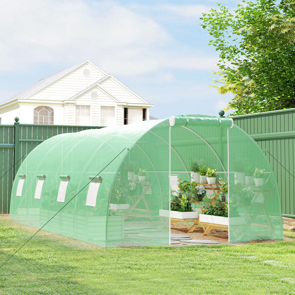 Serre Tunnel de Jardin 18 m² (6 × 3 × 2 m) – 8 Fenêtres, Porte Zippée, Acier Galvanisé &amp; Bâche PE Anti-UV Serre de jardin