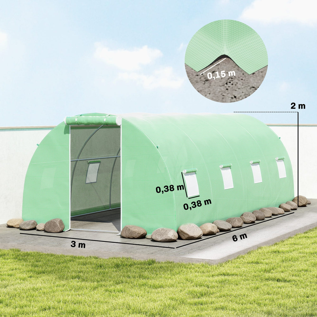 Serre Tunnel de Jardin 18 m² (6 × 3 × 2 m) – 8 Fenêtres, Porte Zippée, Acier Galvanisé &amp; Bâche PE Anti-UV Serre de jardin