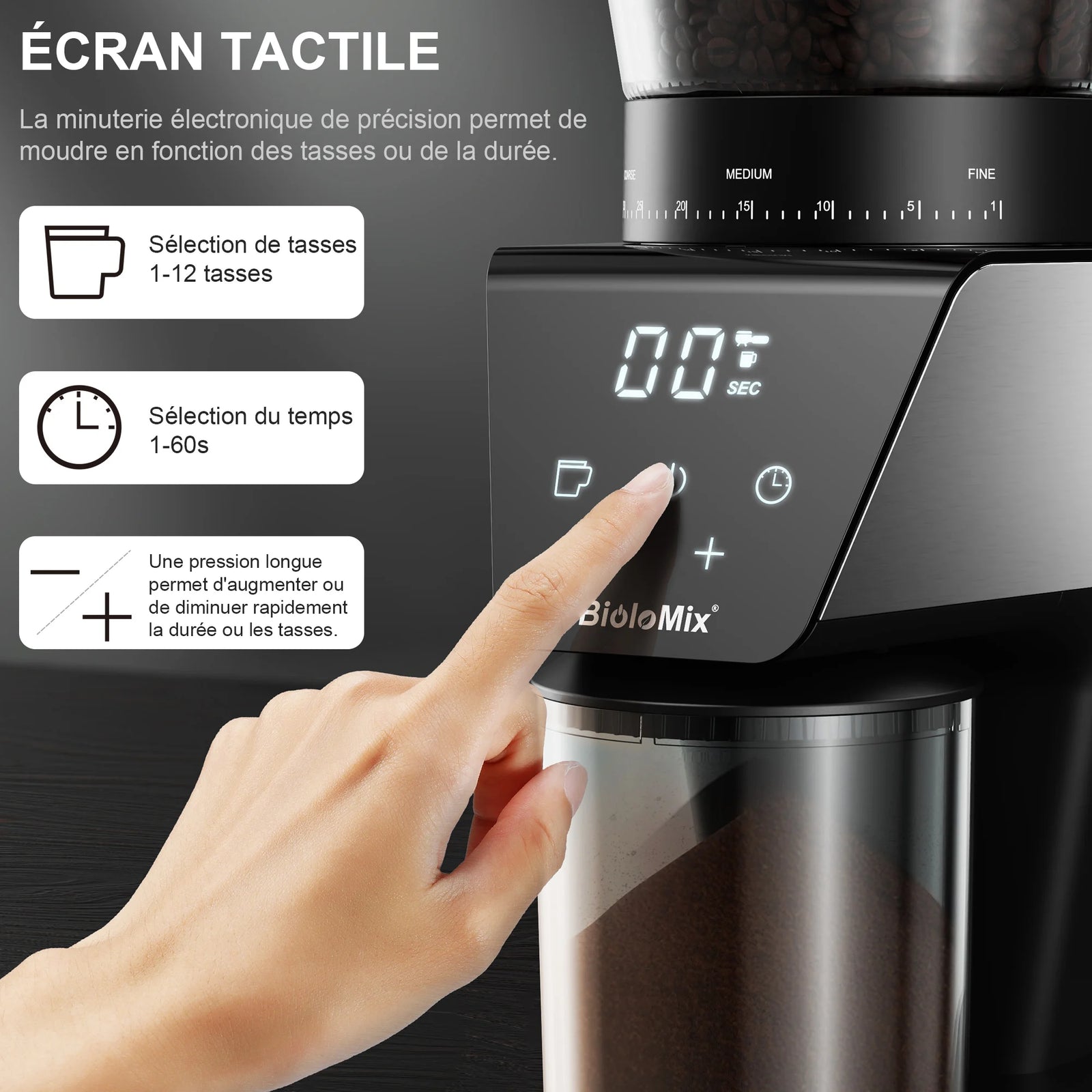 Moulin à café électrique 30 réglages avec réservoir à grains visible et bac à mouture