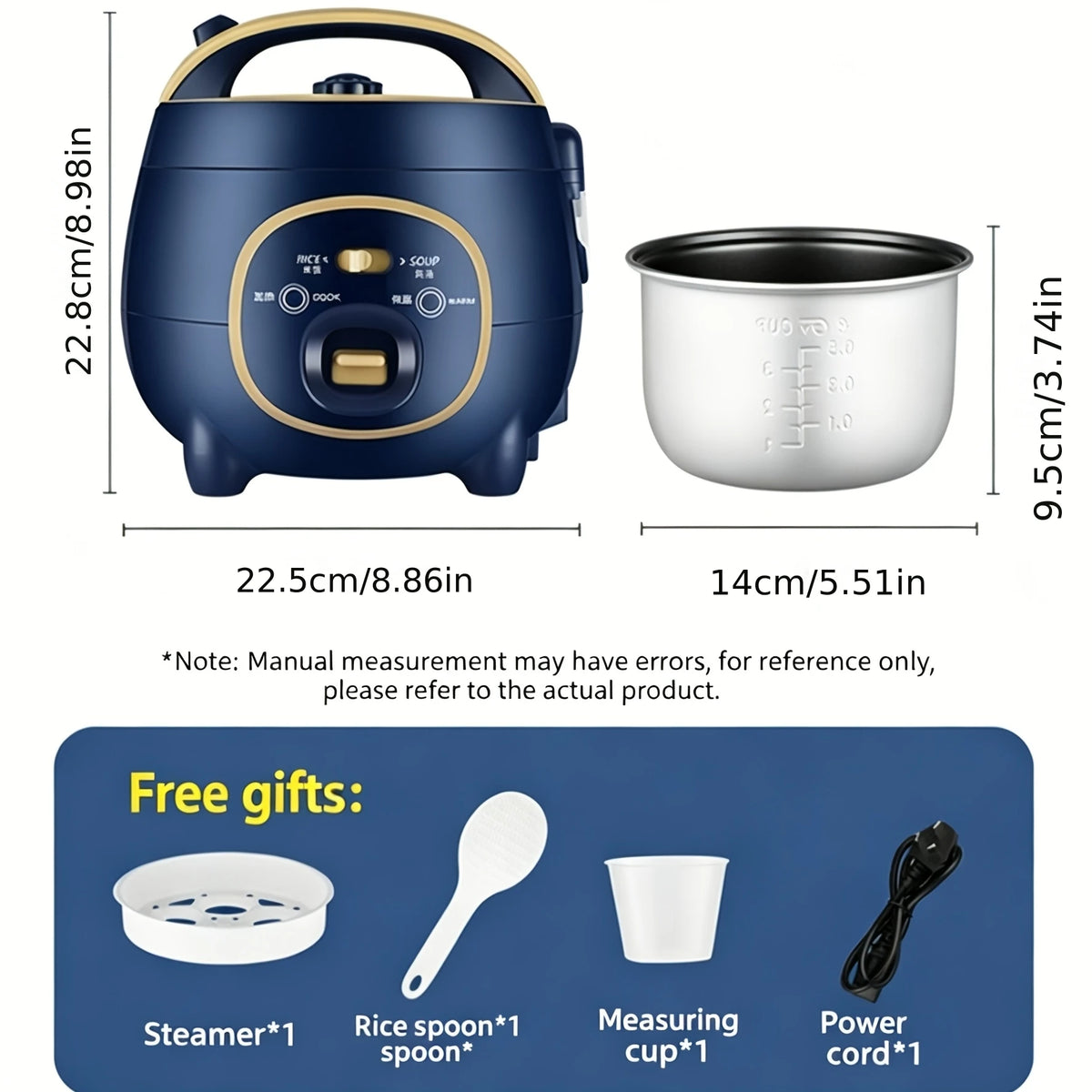 Mini cuiseur à riz bleu 1,8 L, dimensions et accessoires fournis