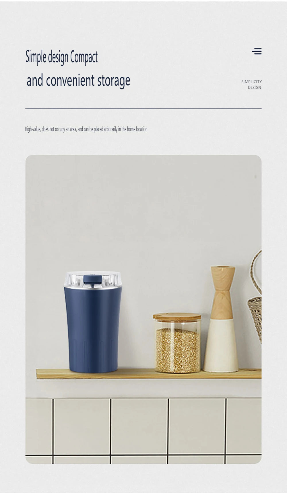 Moulin électrique compact rangé sur une étagère