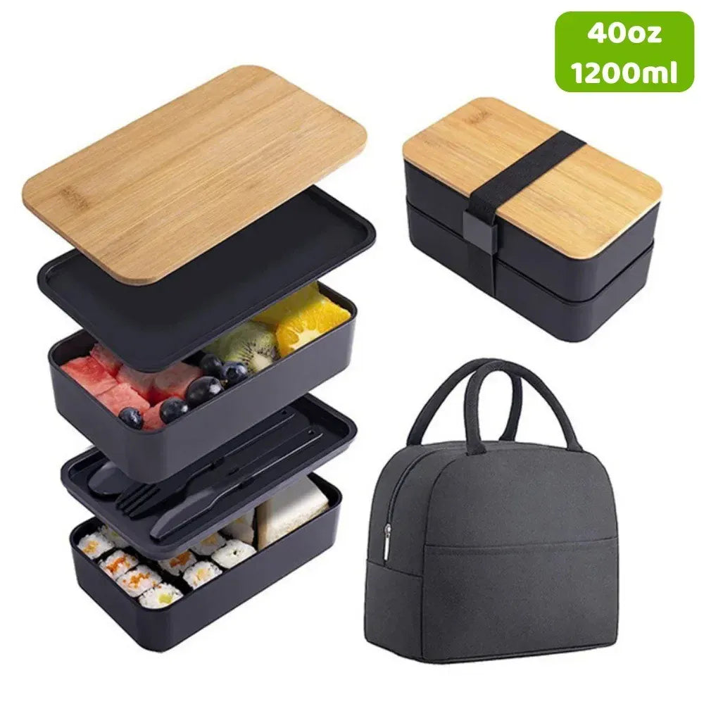 Bento 2 Étages en Plastique Écologique | Boîte à Lunch avec Couverts Bento