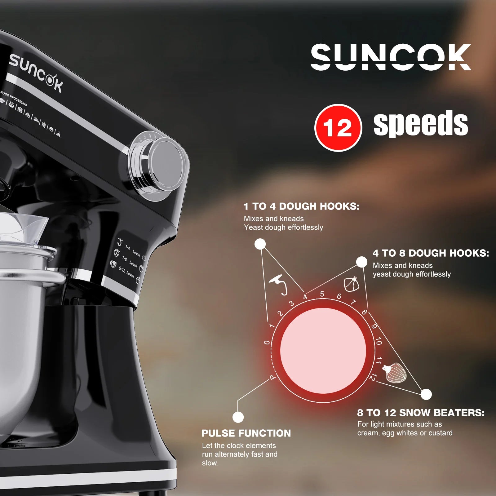 Robot pâtissier noir avec 2 bols inox et accessoires
