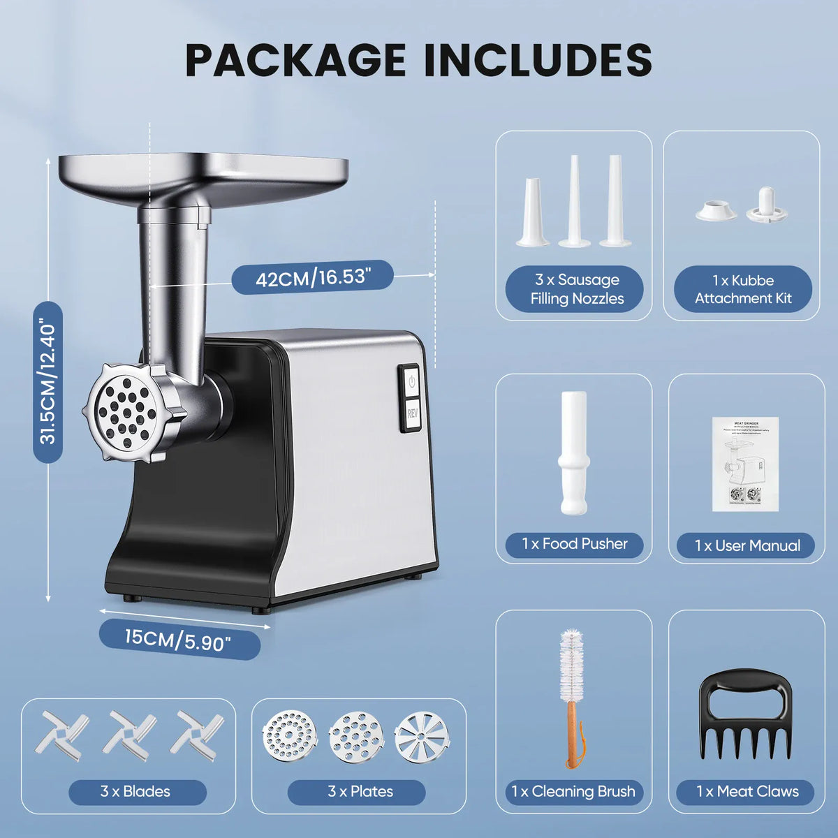 Hachoir Électrique Multifonction 3000W — 3 Lames, 3 Plaques, Saucisses &amp; Kubbe Hachoirs à Viande