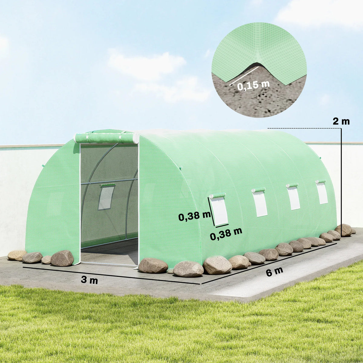 Serre Tunnel de Jardin 18 m² (6 × 3 × 2 m) – 8 Fenêtres, Porte Zippée, Acier Galvanisé &amp; Bâche PE Anti-UV Serre de jardin