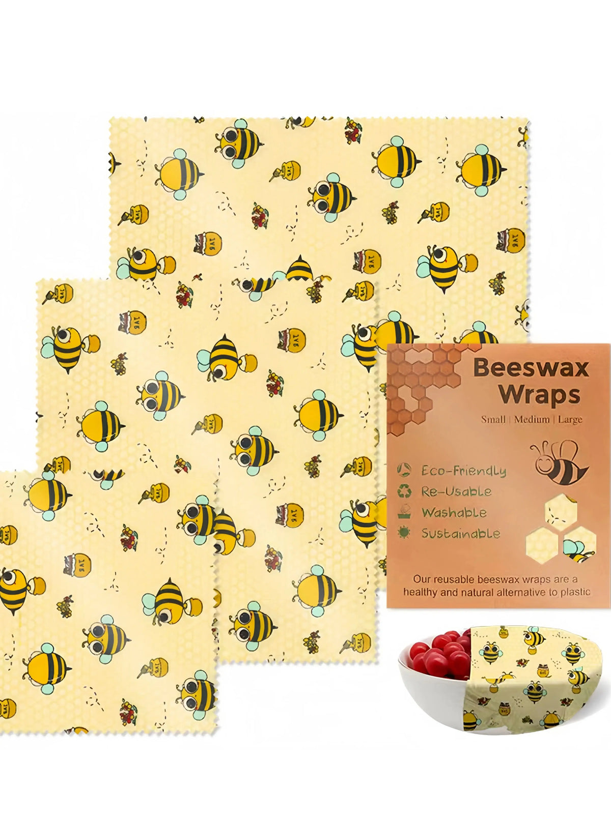 Film Alimentaire Réutilisable Cire d'Abeille – Lot de 3 Feuilles, 15 Motifs
