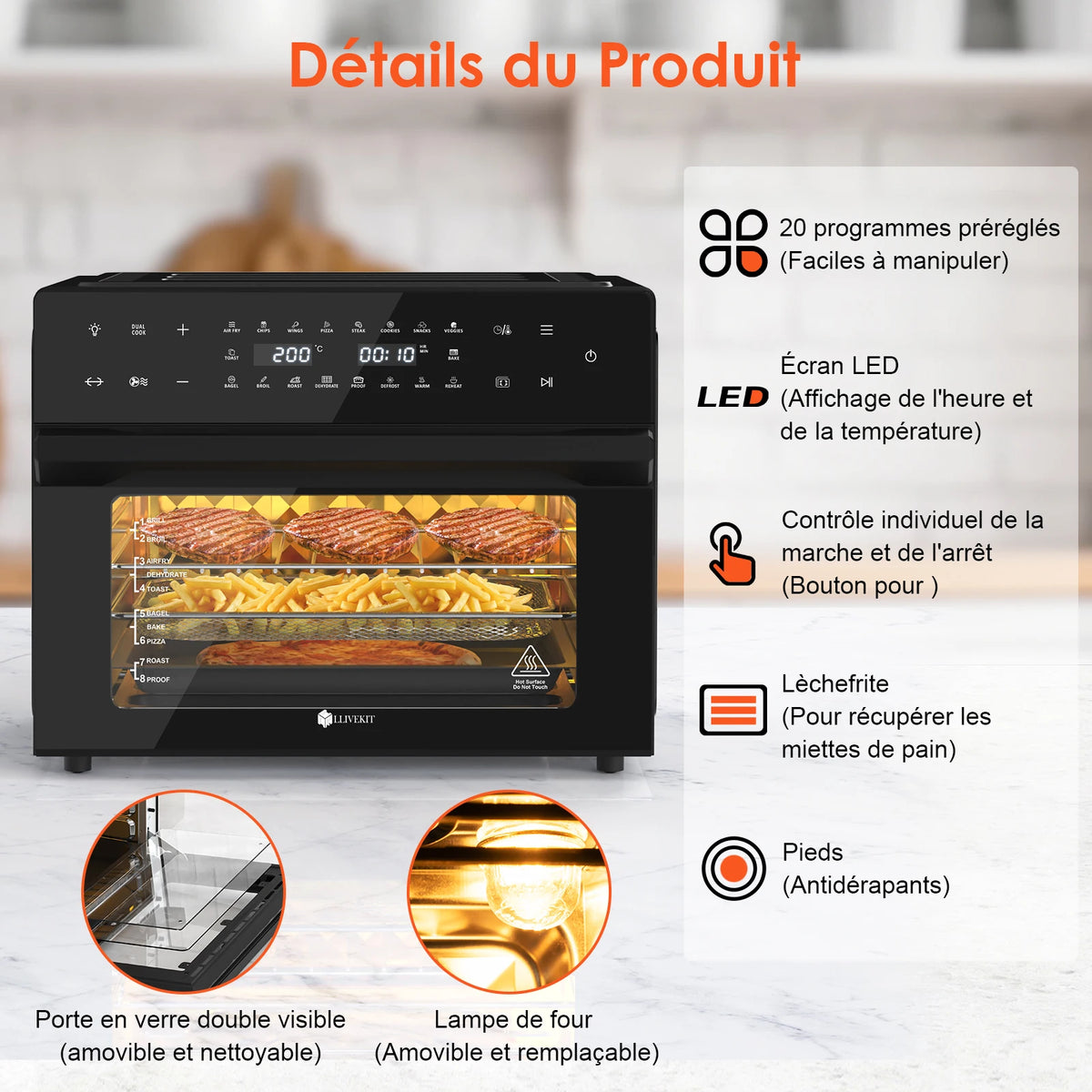 Détails du four air fryer 30 L : écran tactile, porte vitrée et lampe
