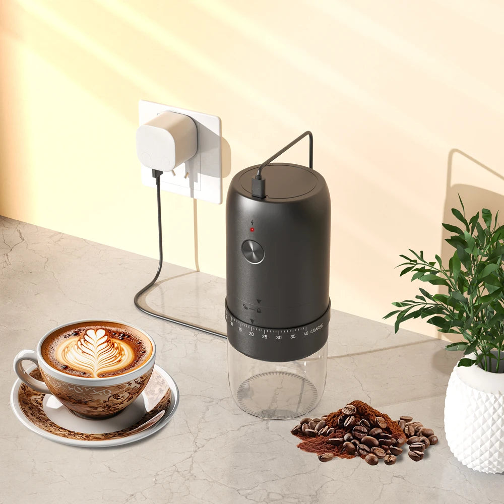 Moulin à café portable, boîte, câble USB-C et brosse
