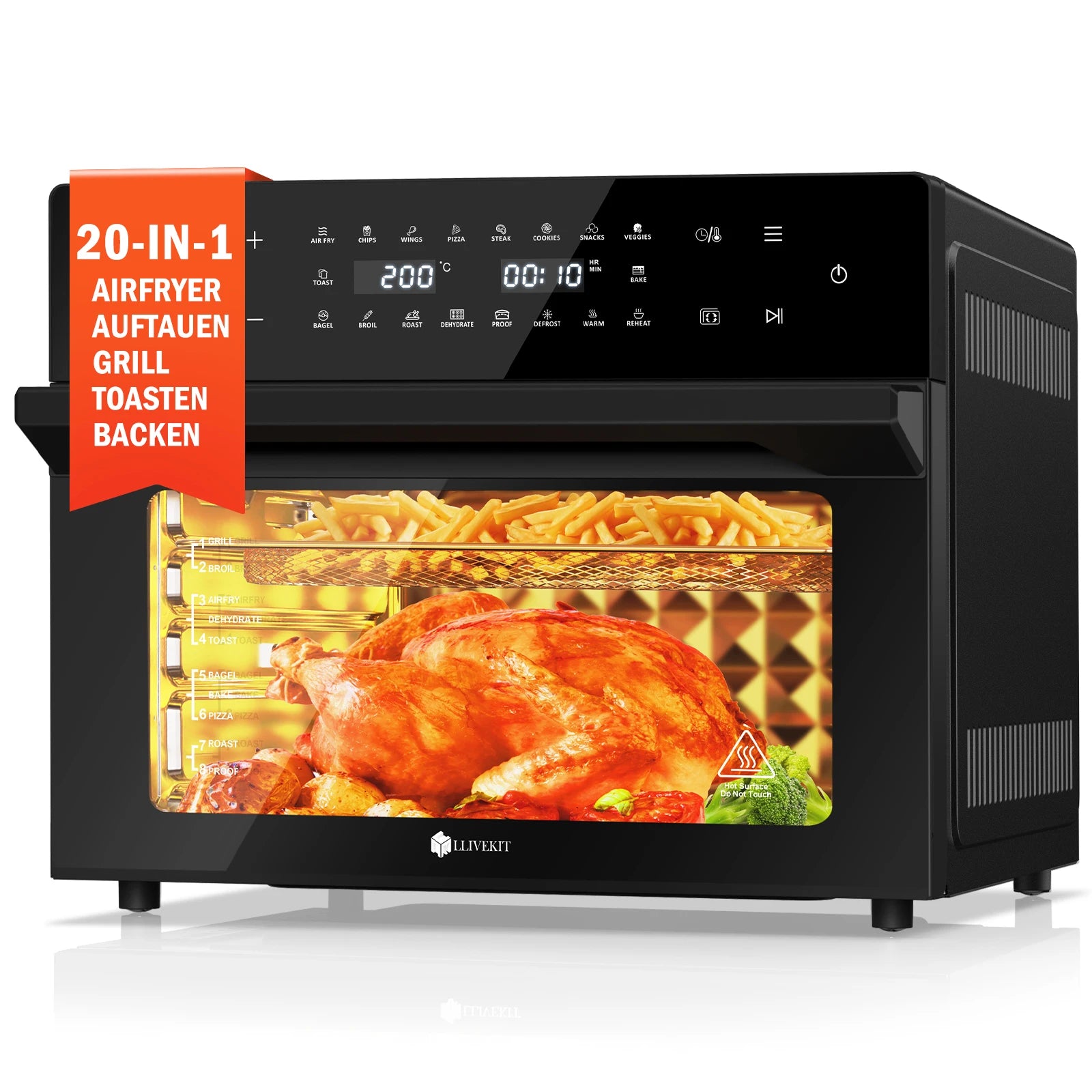 Four air fryer 30 L noir avec poulet rôti visible derrière la porte vitrée