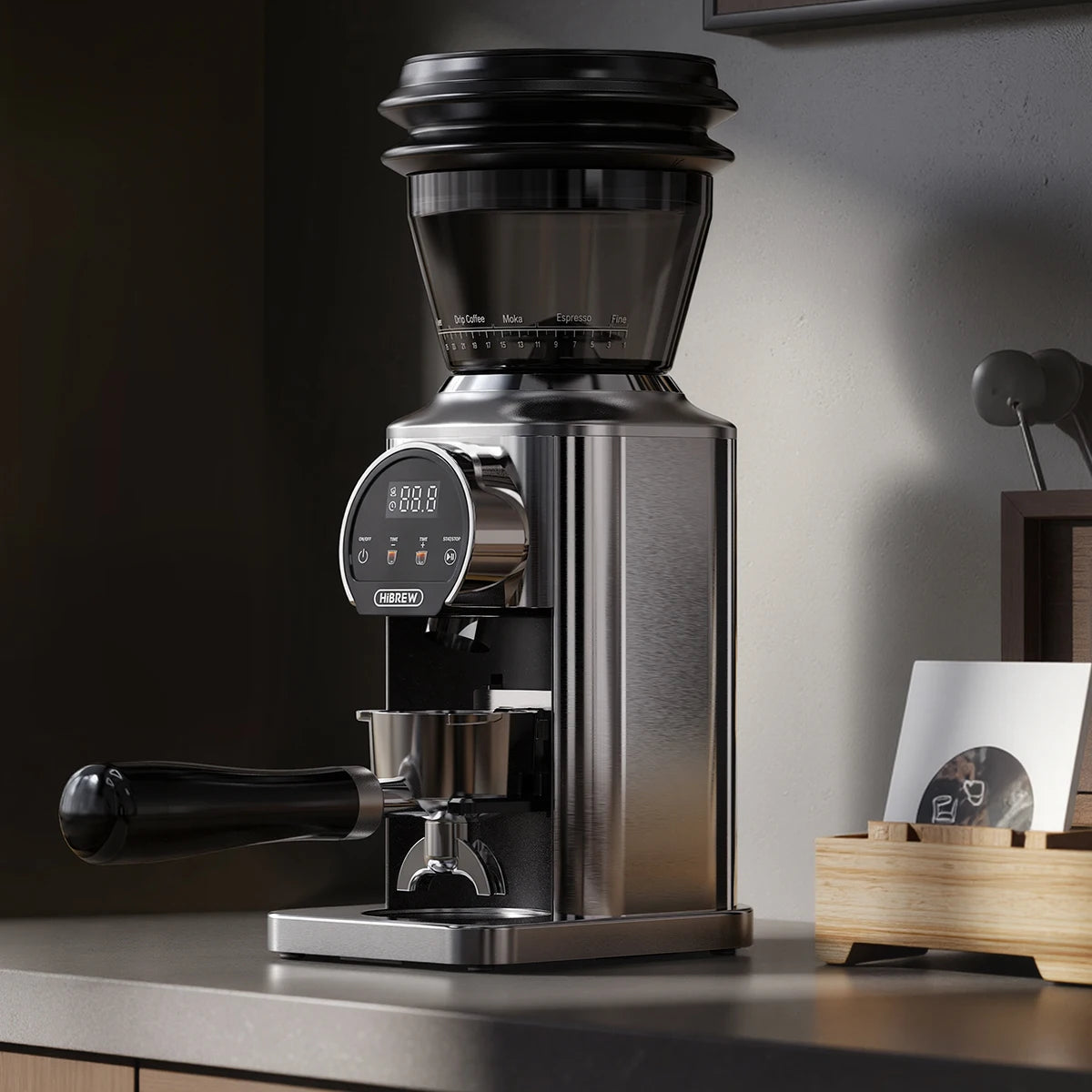 Moulin à café électrique inox 48 mm avec récipient à mouture