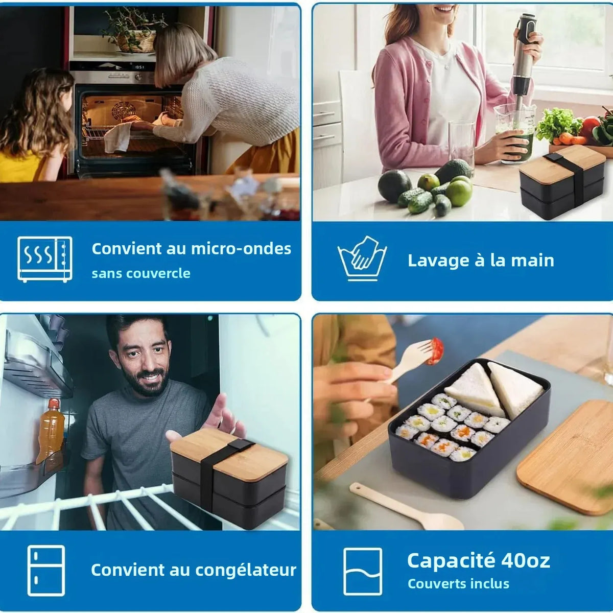 Bento 2 Étages en Bambou et Plastique | Boîte de Rangement Alimentaire Bento