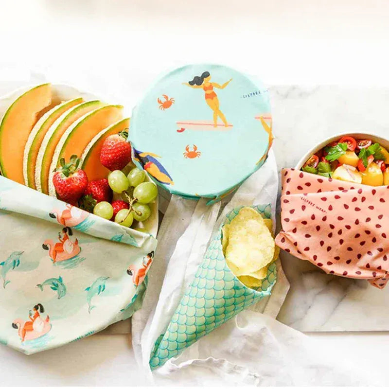 Film Alimentaire Réutilisable Cire d'Abeille – Lot de 3 Tailles, Motifs Fruités
