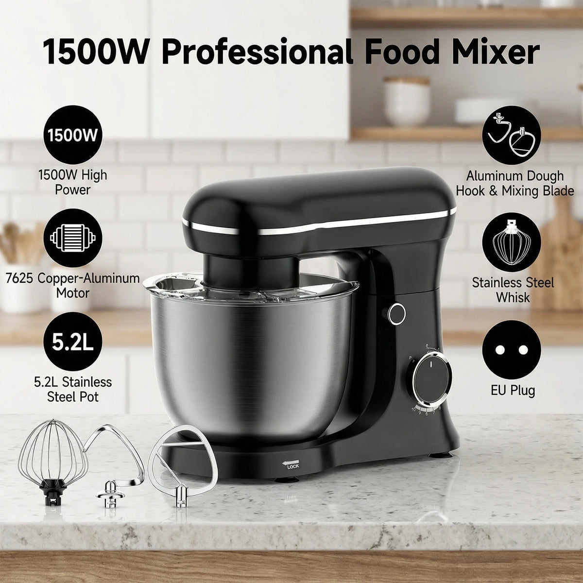 Robot pâtissier 1500 W, bol inox 5,2 L, prise européenne