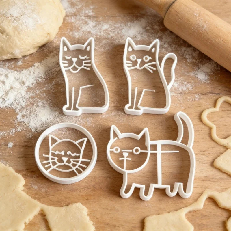 Lot de 4 emporte-pièces chat : chat debout, tête de chat, chat assis, chat qui bâille