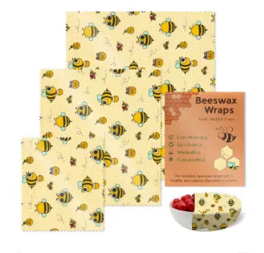 Film Alimentaire Réutilisable Cire d'Abeille – Lot de 3 Feuilles, 15 Motifs