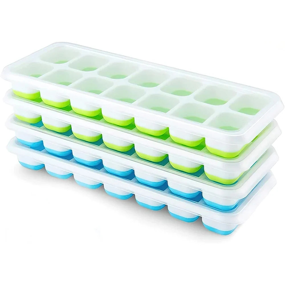 Lot de 4 bacs à glaçons avec couvercle, vert et bleu, empilés