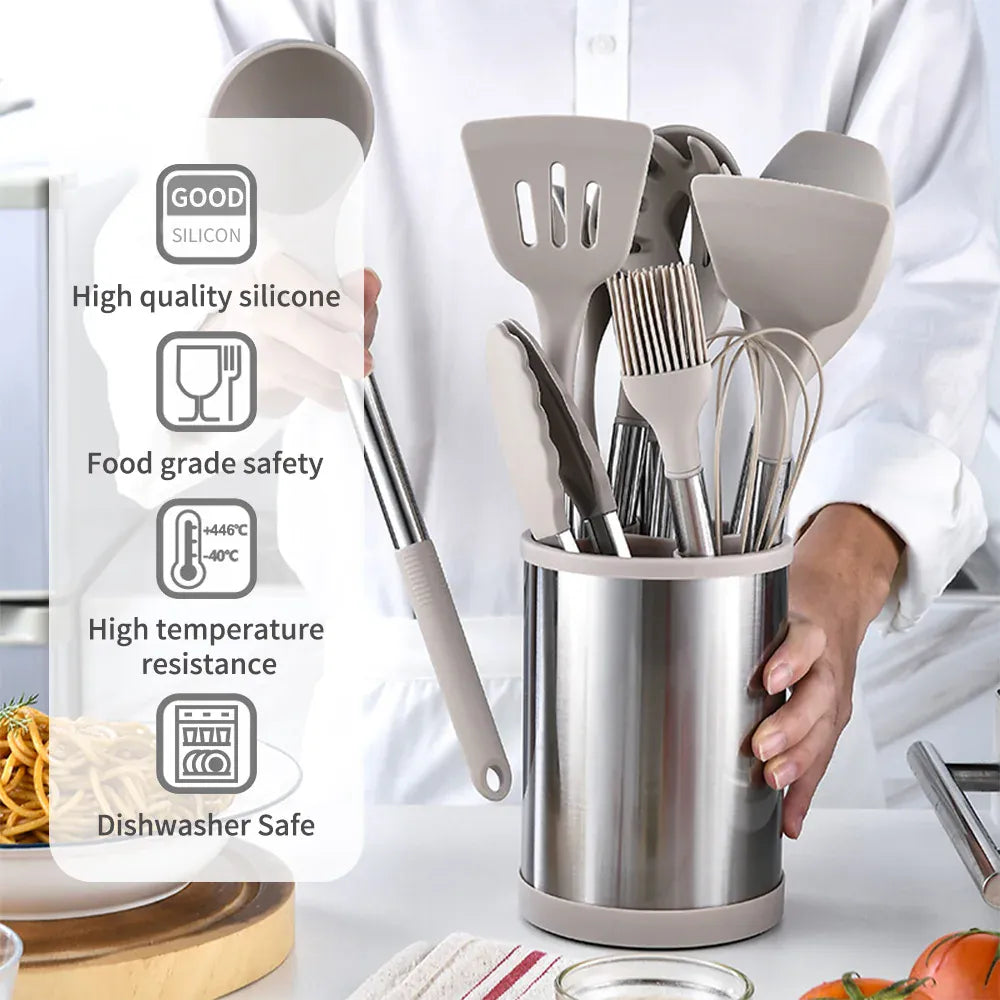 Set d'ustensiles de cuisine en silicone avec poignées en acier inoxydable