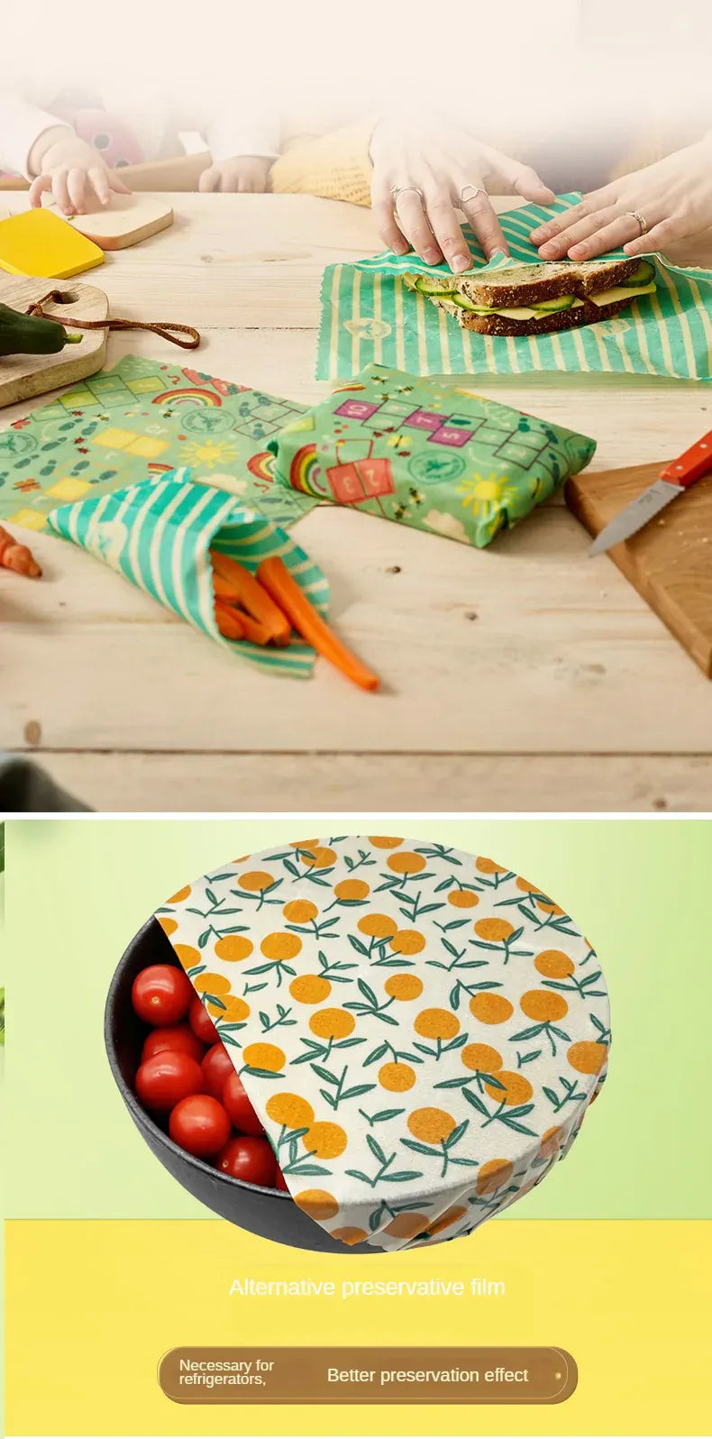 Film Alimentaire Réutilisable Cire d'Abeille – Lot de 3 Tailles, Motifs Fruités