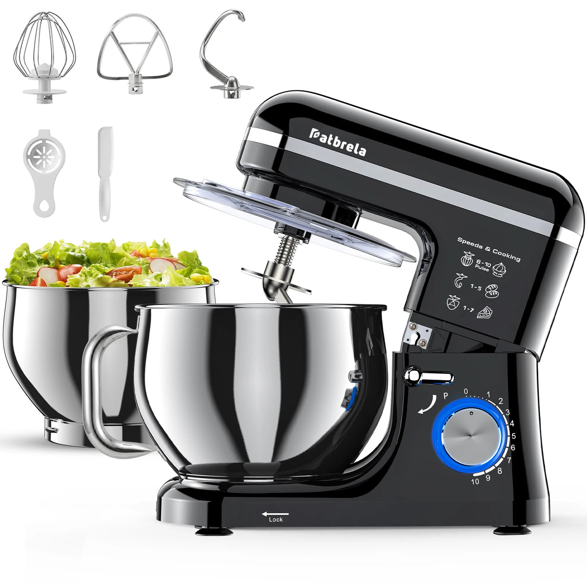 Robot pâtissier noir avec bol inox 5 L, bol 3,3 L et accessoires